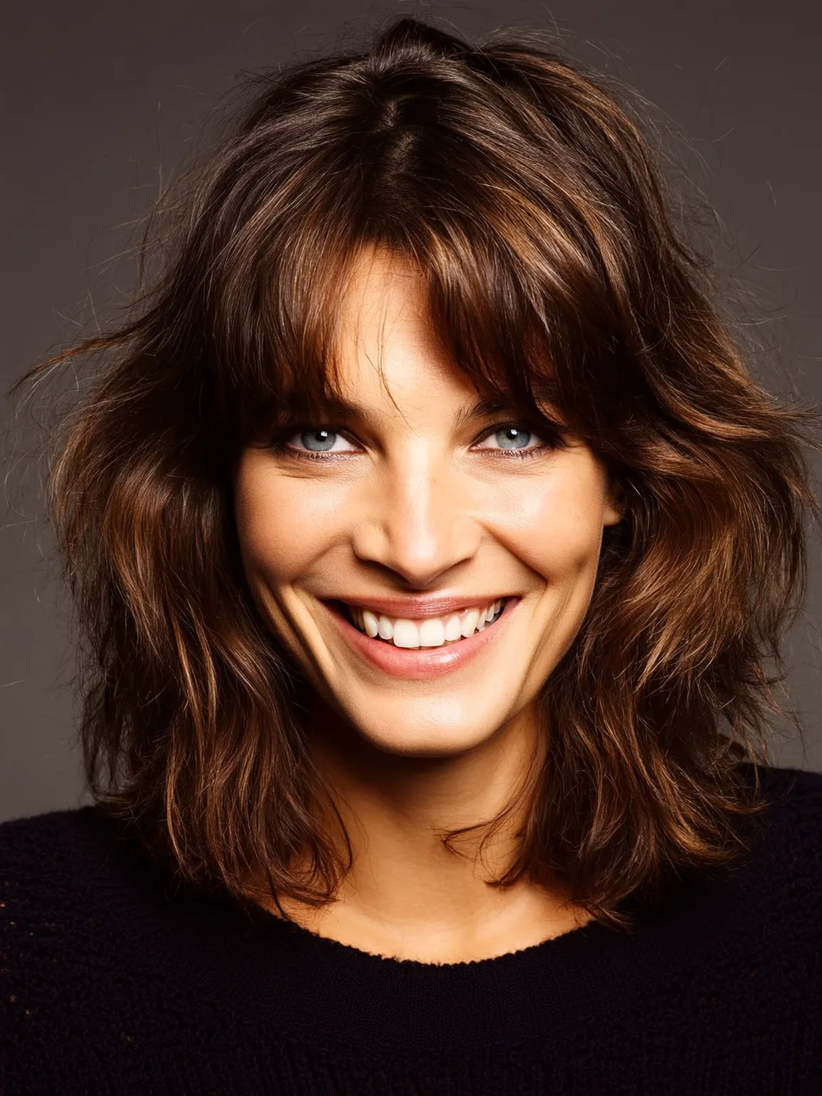 Textured Shoulder-Length Shag with Warm Caramel Brown Hues