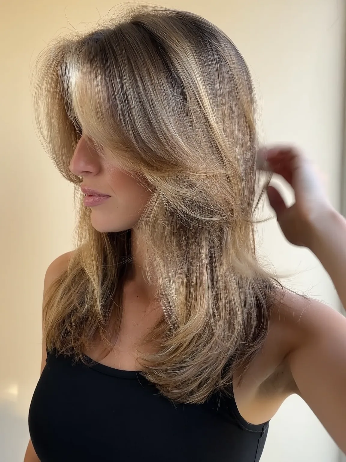 Long Layered Cut with Honey Blonde Balayage and Curtain Bangs