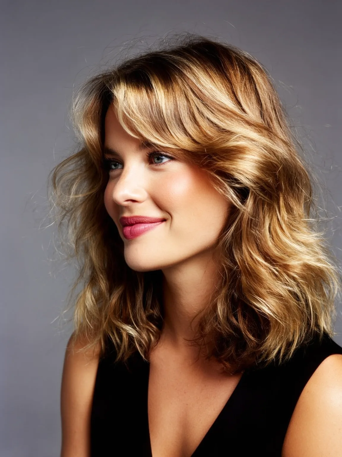 Golden Honey Balayage Voluminous Wavy Lob with Curtain Bangs