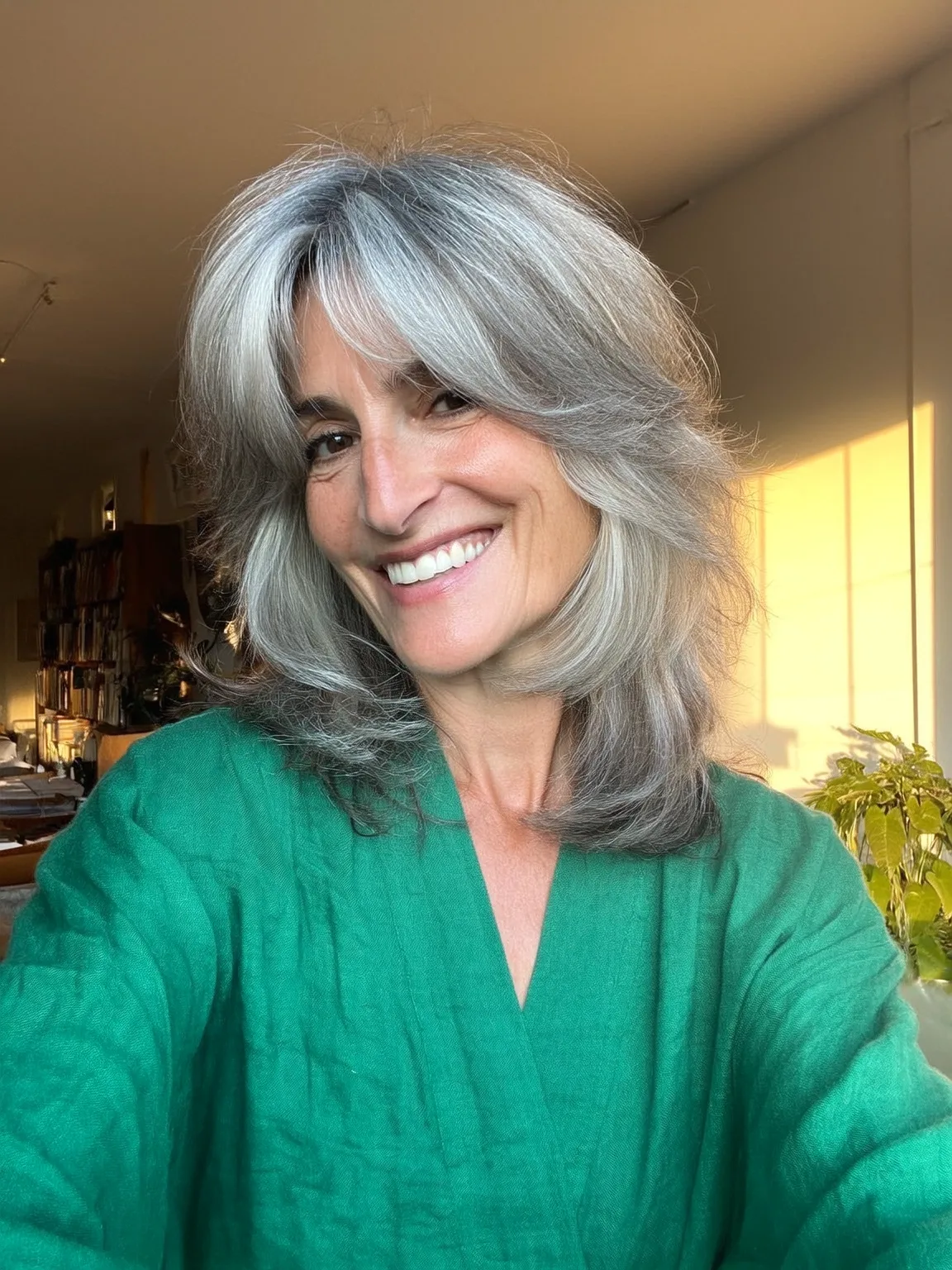 Medium Silver Gray Wavy Layers with Curtain Bangs