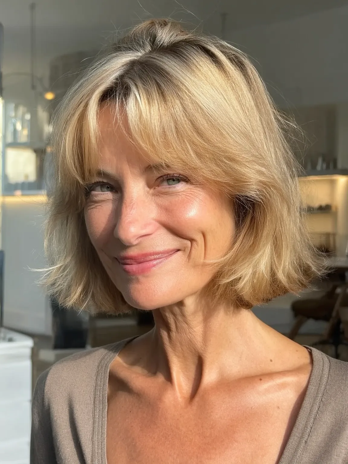 Sandy Blonde Straight Bob with Curtain Bangs for Oval Faces