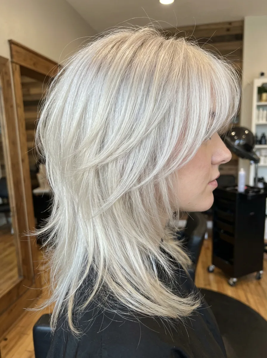 Medium-Length Platinum Blonde Layers with Curtain Bangs