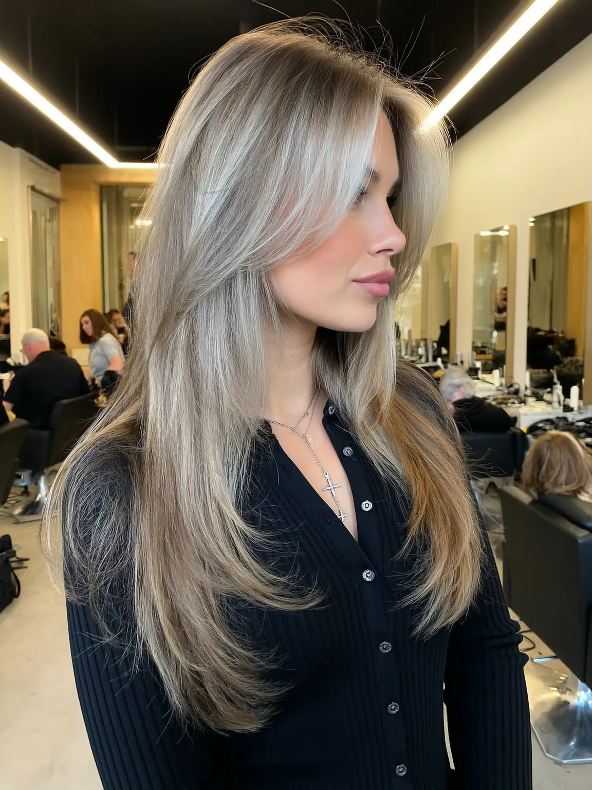 Long Silver Frost Layered Cut with Curtain Bangs