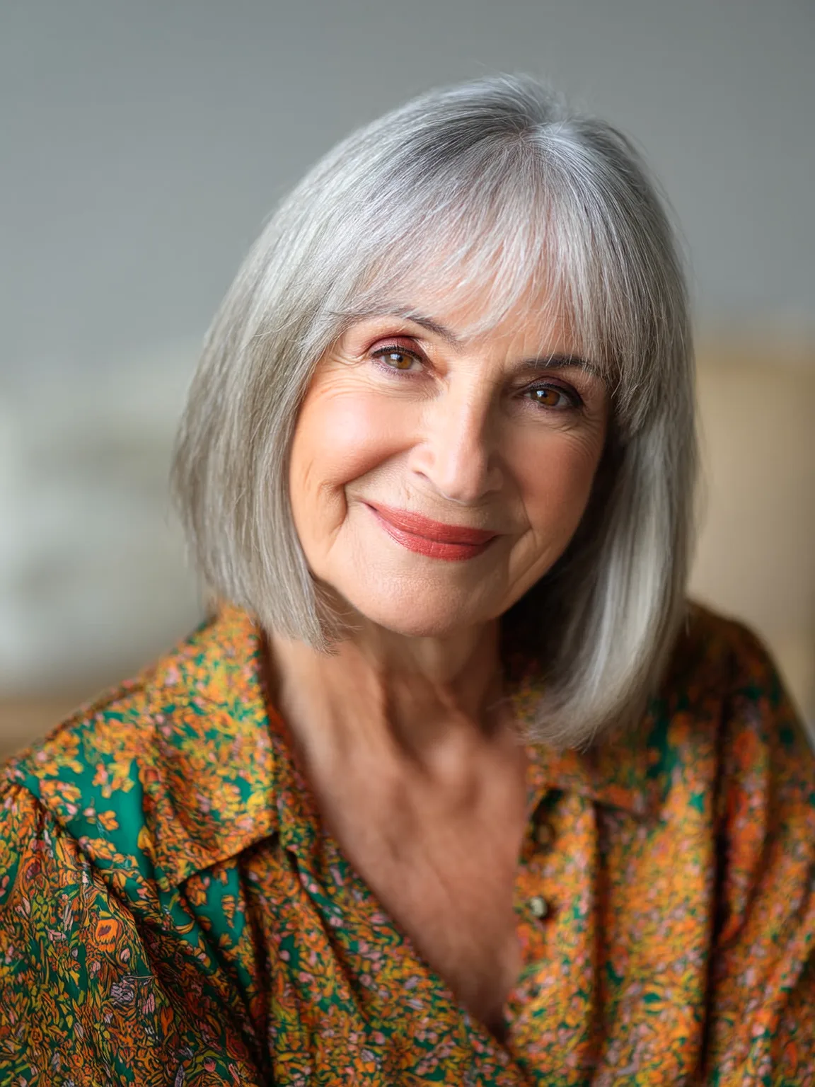 Silver Gray Chin-Length Bob with Curtain Bangs