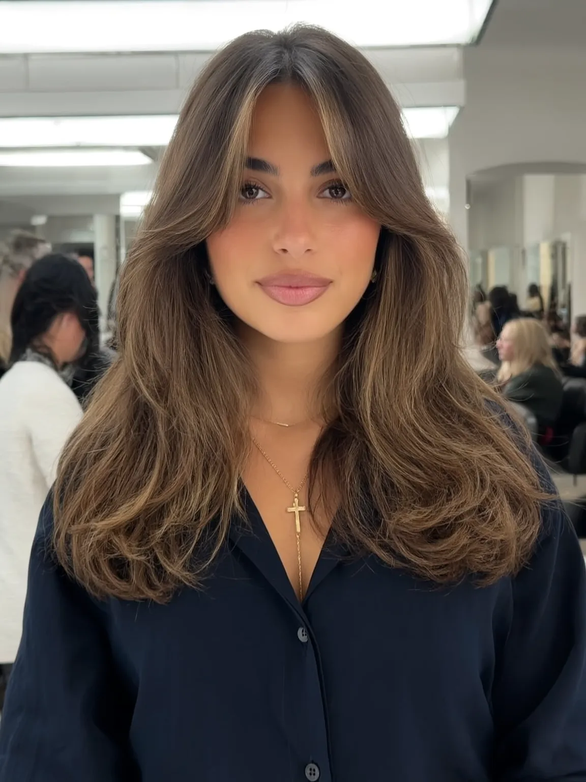 Long Layered Waves with Curtain Bangs in Rich Walnut Brown