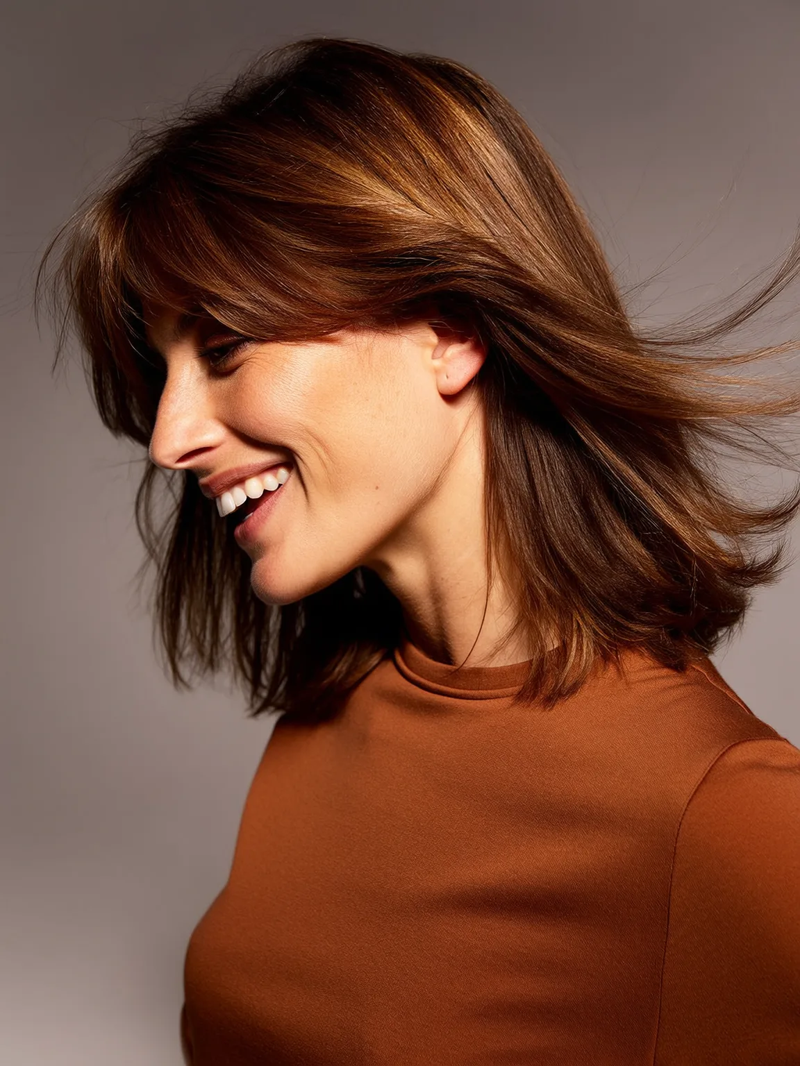 Layered Shoulder-Length Cut in Warm Caramel Brown