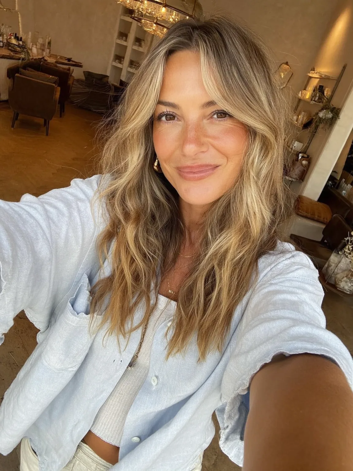 Long Honey Blonde Balayage Layers with Subtle Waves