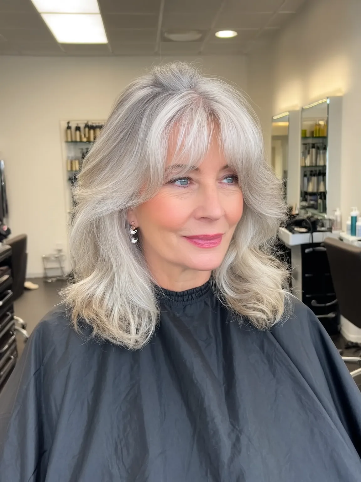 Medium-Length Silver Frost Layers with Curtain Bangs