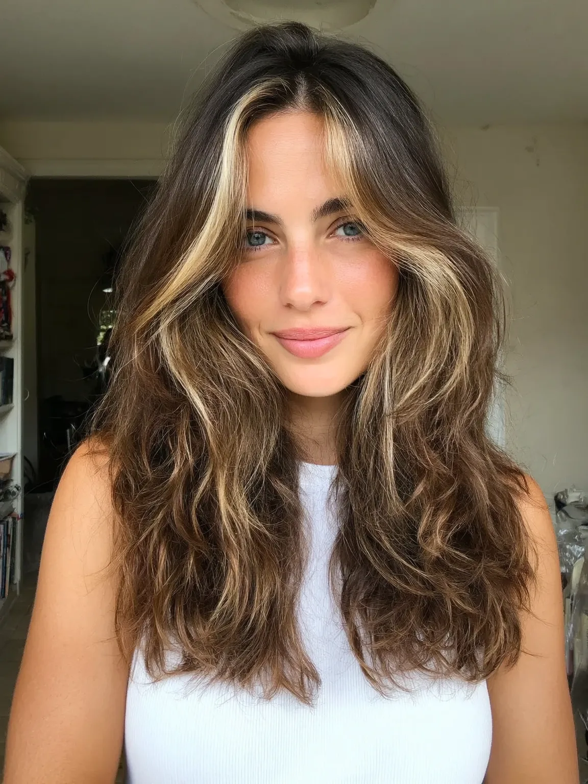 Long Wavy Layers with Sun-Kissed Honey Balayage