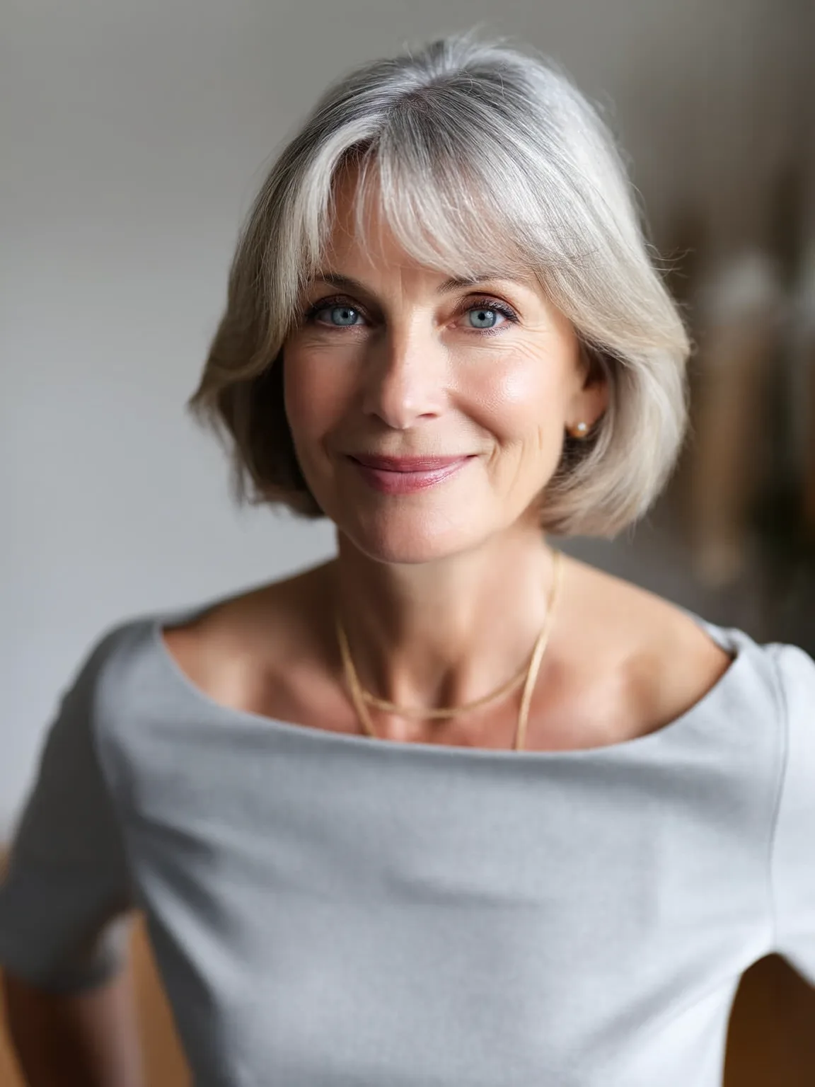 Straight Silver Frost Bob with Curtain Bangs and Medium Volume