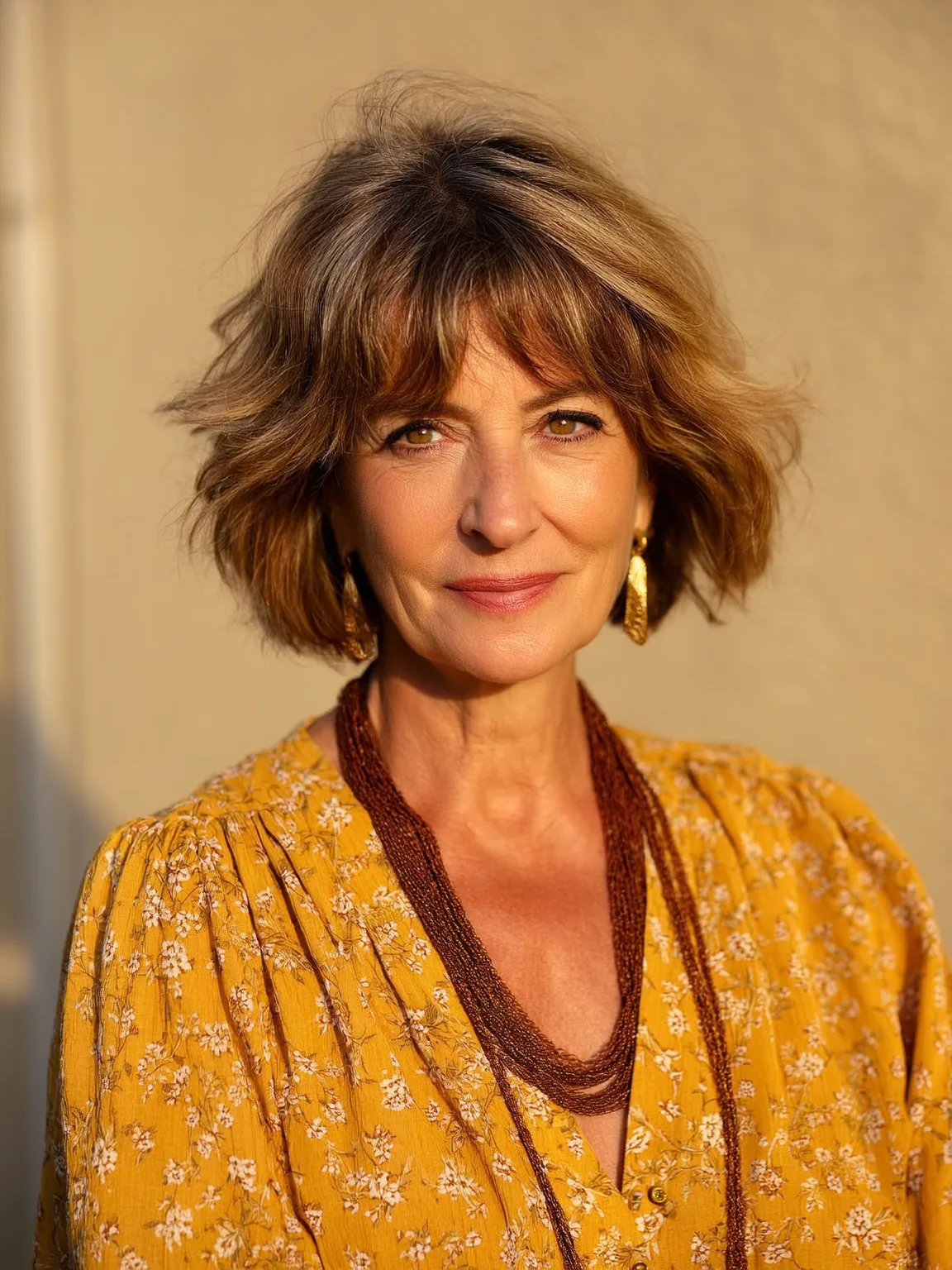 Wavy Soft Golden Brown Bob with Curtain Bangs