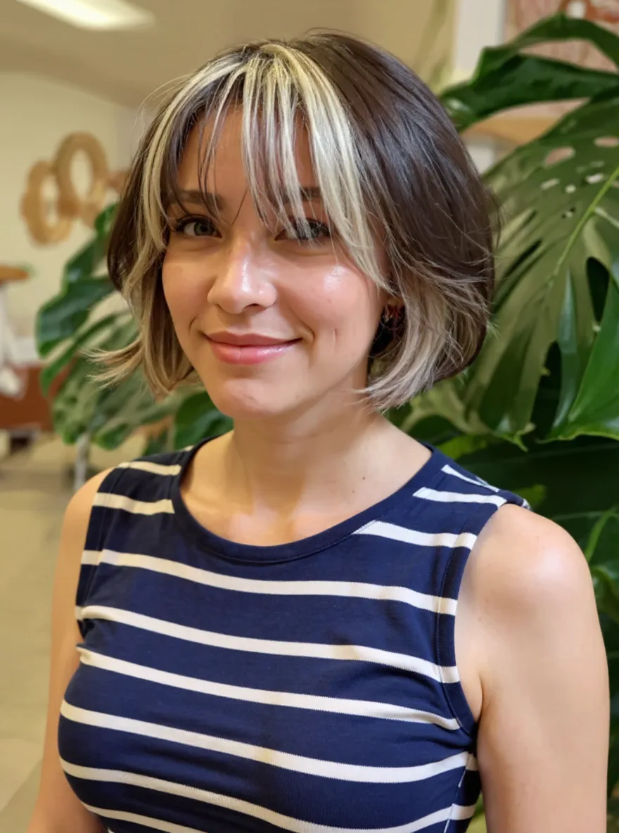 Wavy Chocolate Brown Bob with Blonde Money Piece