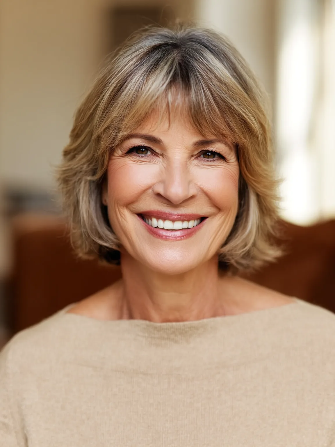 Ash Bronde Wavy Bob with Medium Volume and Curtain Bangs