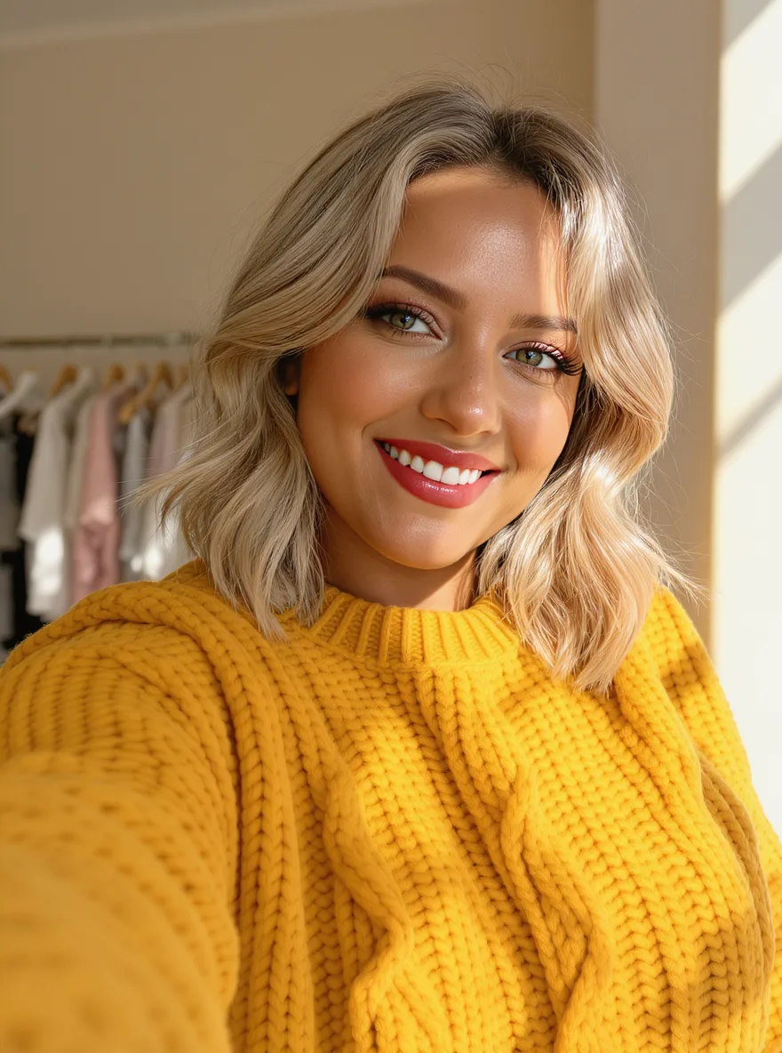 Buttery Blonde Wavy Bob with Curtain Bangs and Versatile Volume