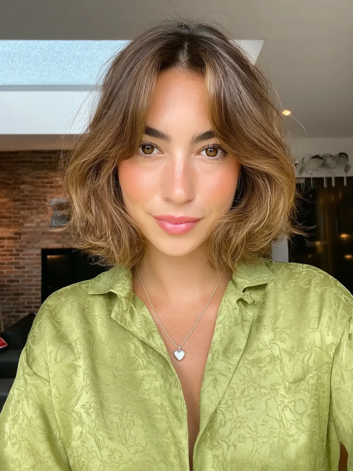 Soft Caramel Brown Wavy Bob with Curtain Bangs