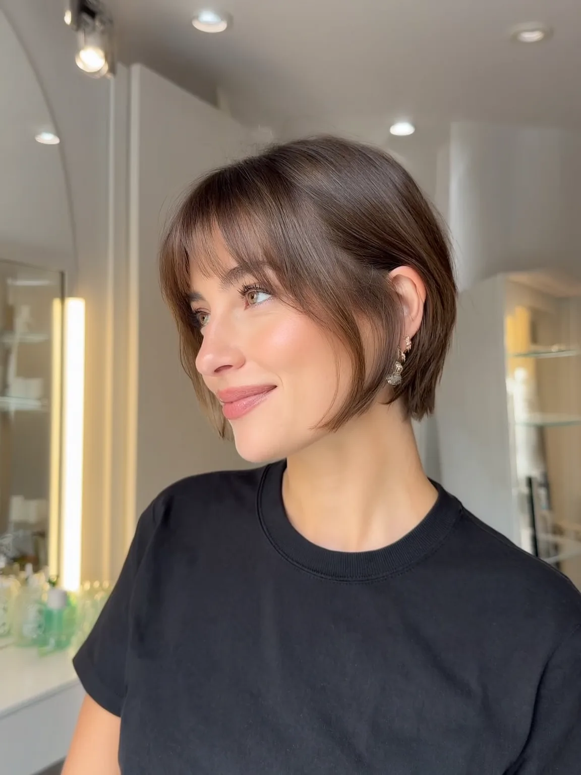 Rich Chestnut Brown Straight Bob with Curtain Bangs