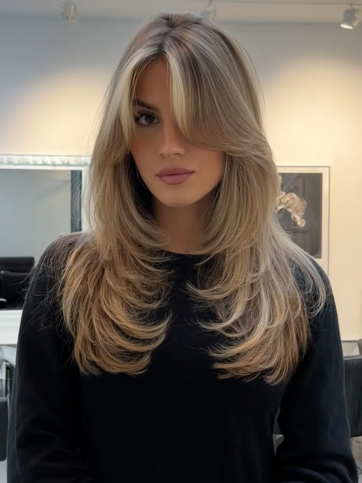 Long Voluminous Sandy Blonde Layers with Sleek Curtain Bangs