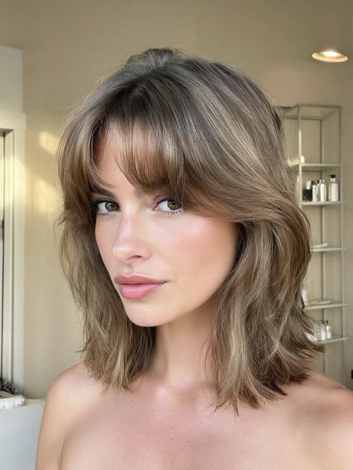 Shoulder-Length Lob with Soft Curtain Bangs in Sandy Blonde