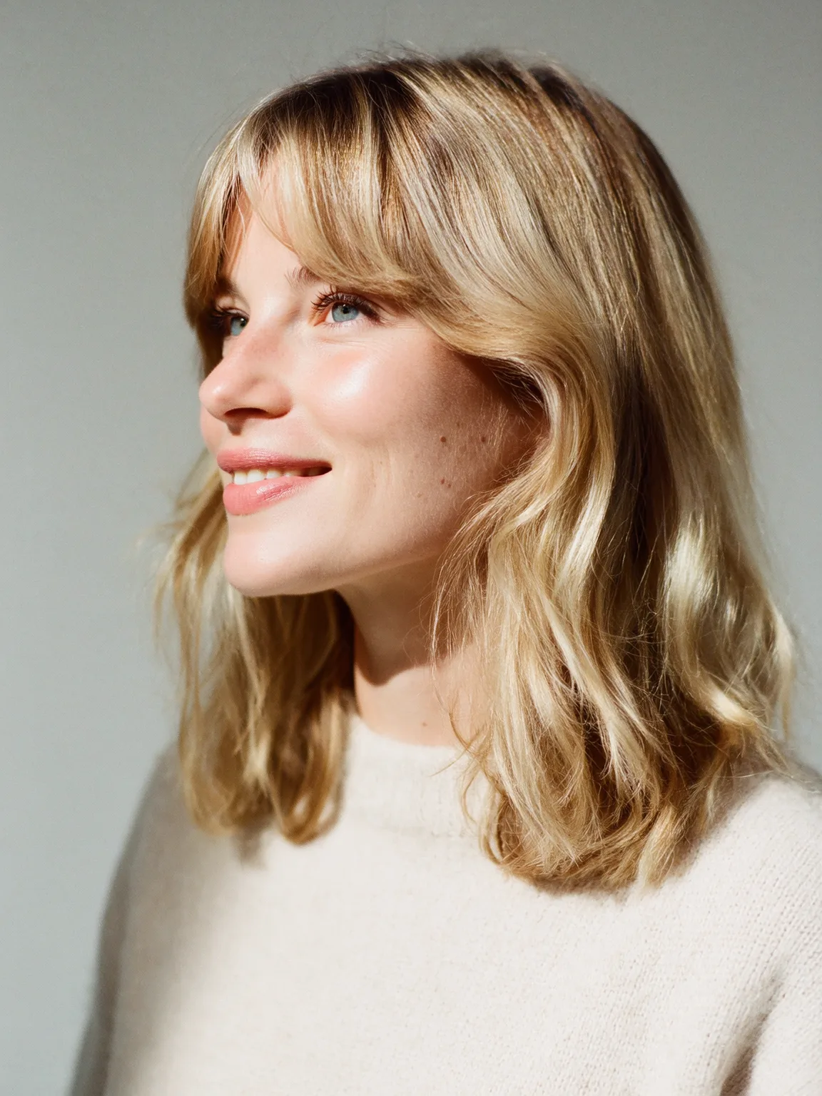 Medium Textured Lob with Soft Sandy Blonde Highlights