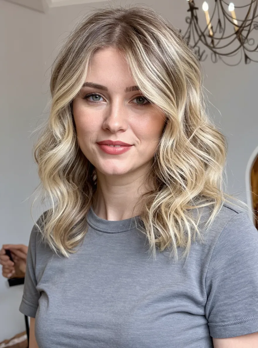 Bouncy Lob with Creamy Blonde Balayage Waves