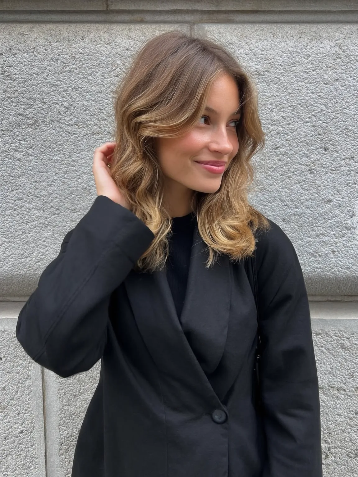 Golden Balayage Sandy Blonde Wavy Lob with Curtain Bangs