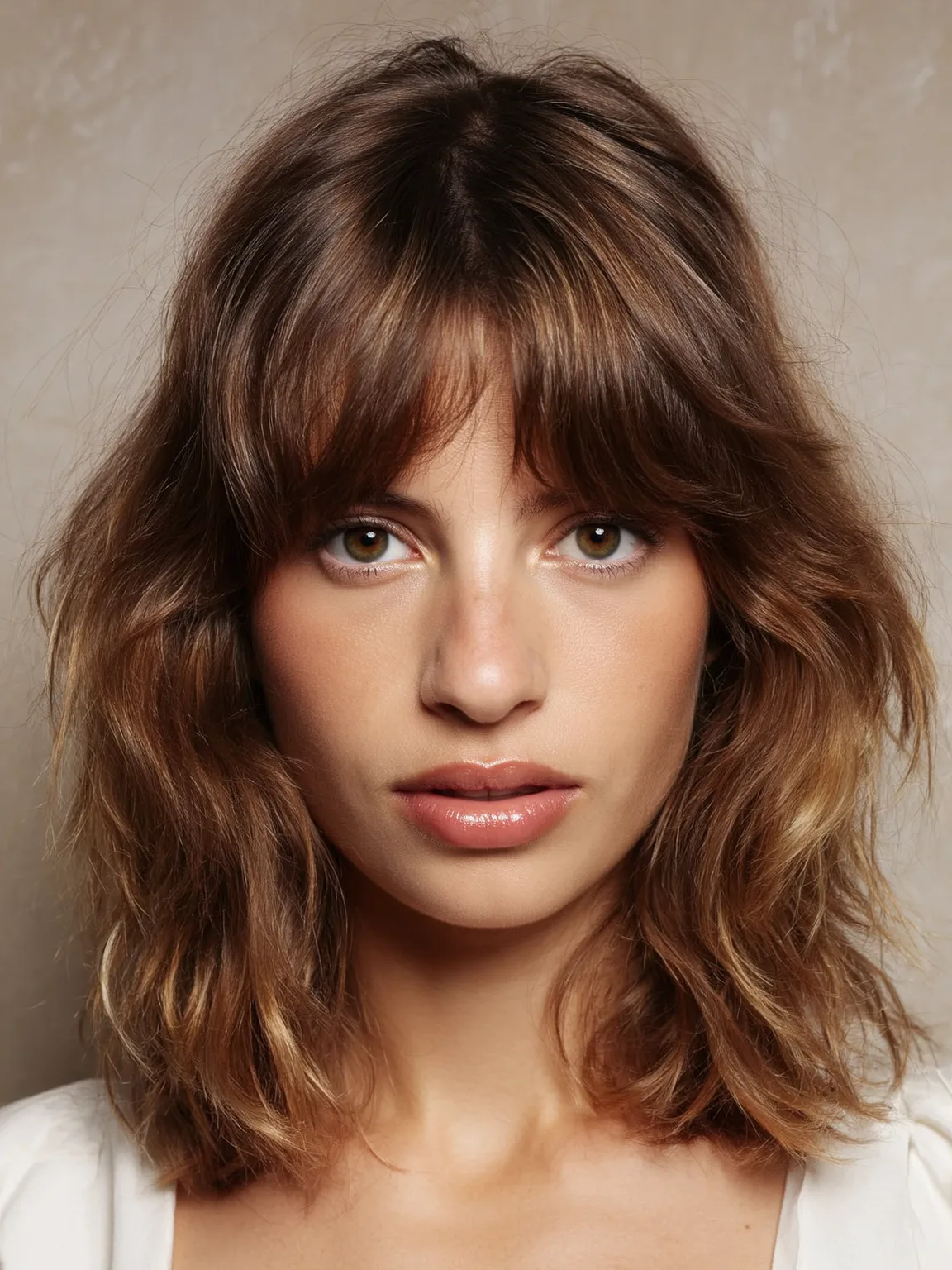 Warm Caramel Brown Lob with Soft Highlights and Curtain Bangs