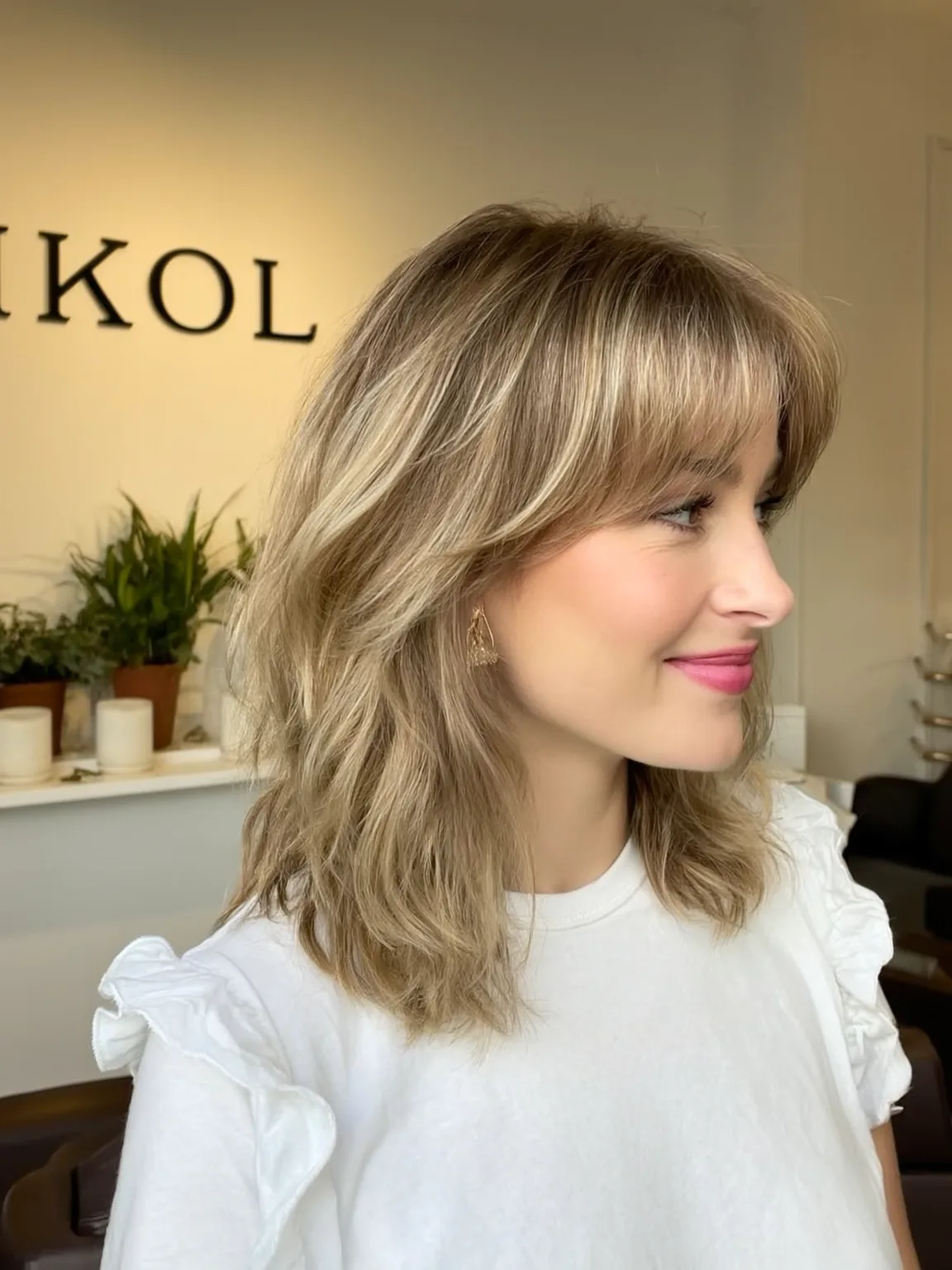 Round Face Sandy Blonde Wavy Lob with Curtain Bangs