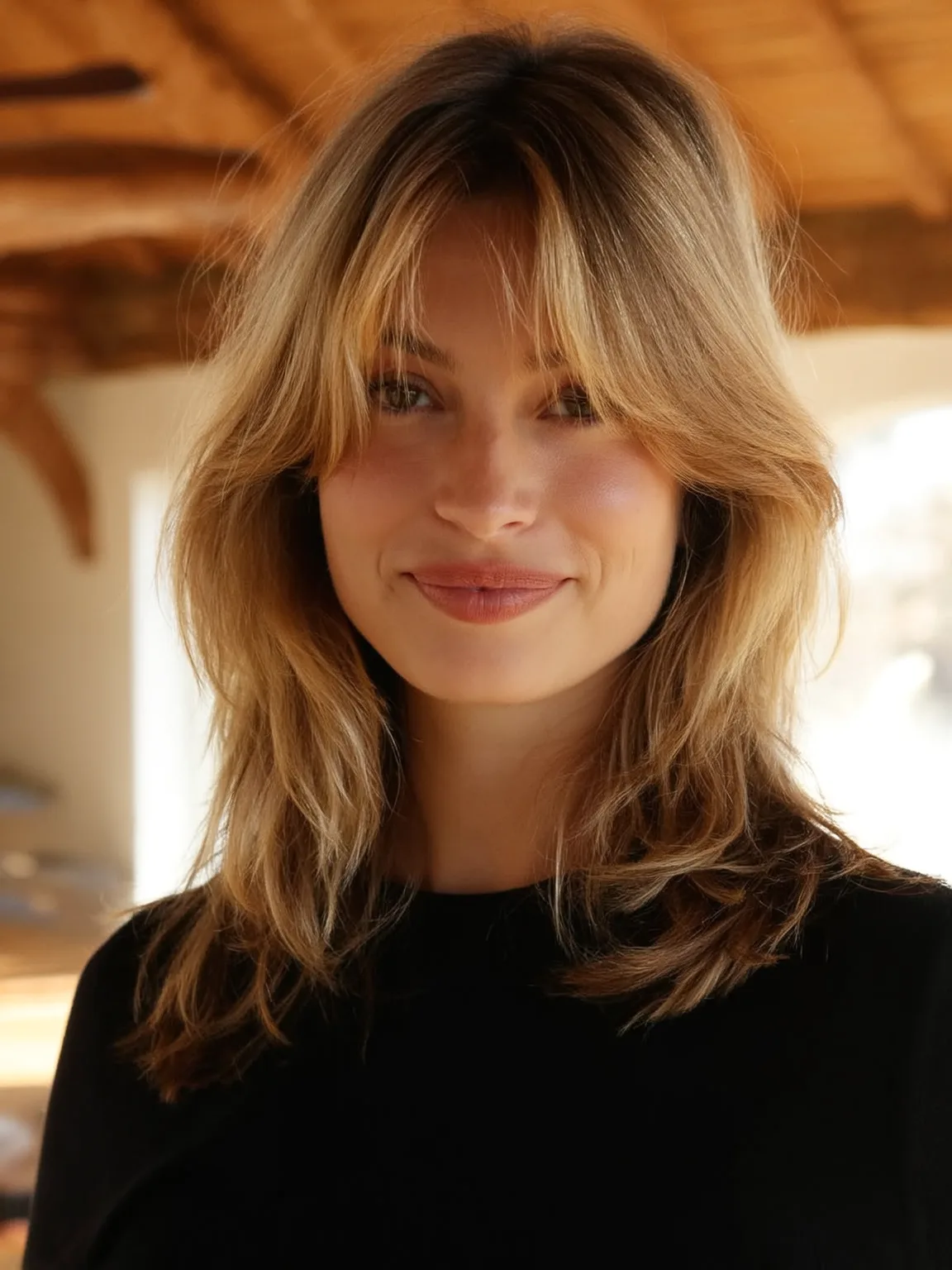 Shoulder-Length Sandy Blonde Wavy Shag with Curtain Bangs