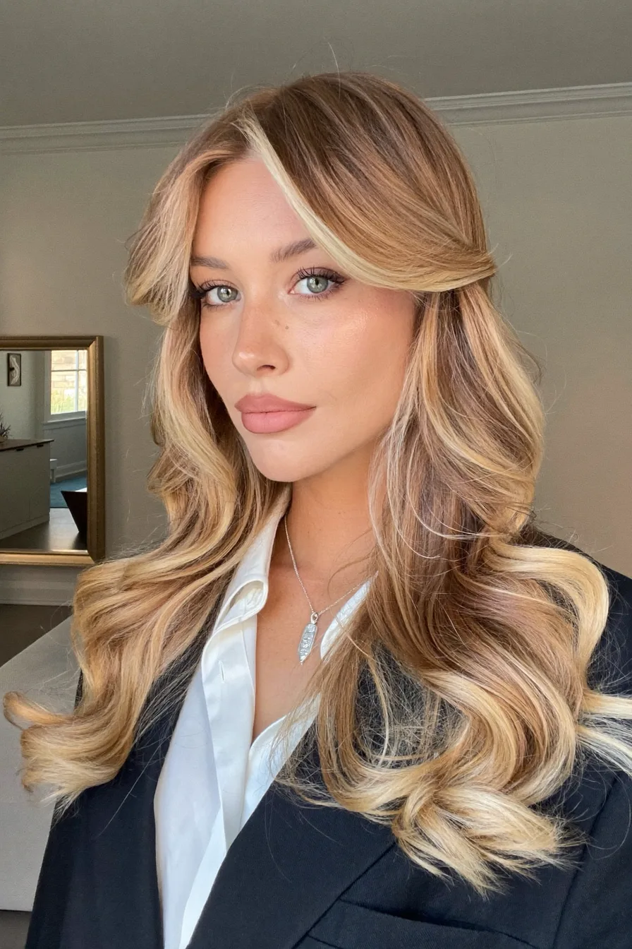 Dimensional Balayage Blonde Wavy Long Layered Cut with Face-Framing