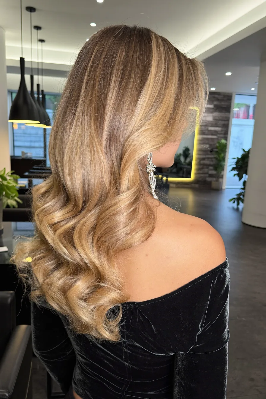 Elegant Balayage Blonde Wavy Long Layered Hair with Soft Curls