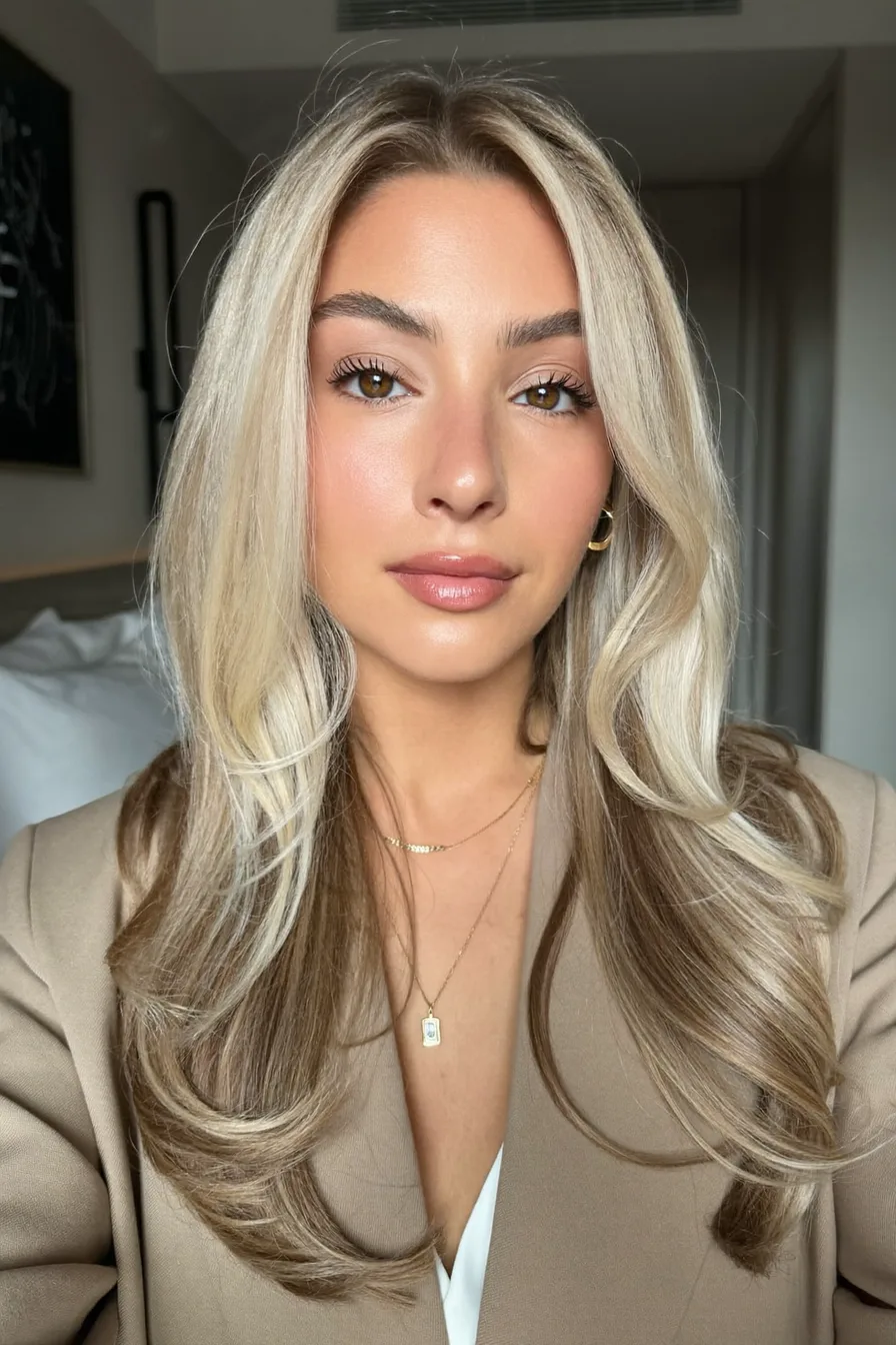 Balayage Blonde Wavy Long Layered Hair with Face-Framing Highlights