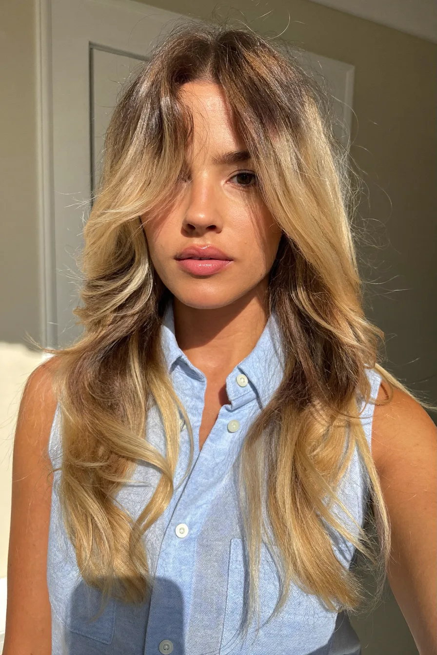 Chic Balayage Blonde Wavy Long Layered Haircut with Face-Framing Layers