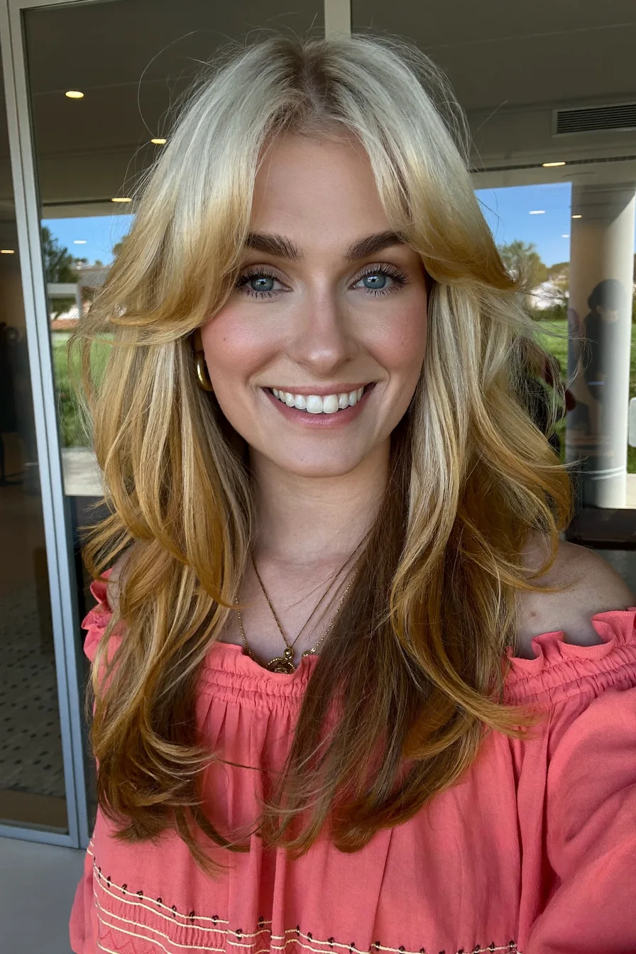 Sun-Kissed Balayage Blonde Wavy Long Layered Cut with Curtain Bangs