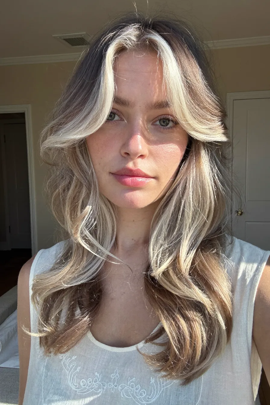 Face-Framing Balayage Blonde Wavy Long Layered Haircut with Curtain Bangs