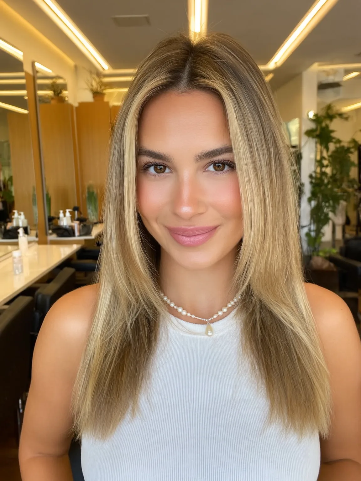 Long Straight Sandy Blonde Layers with Subtle Highlights