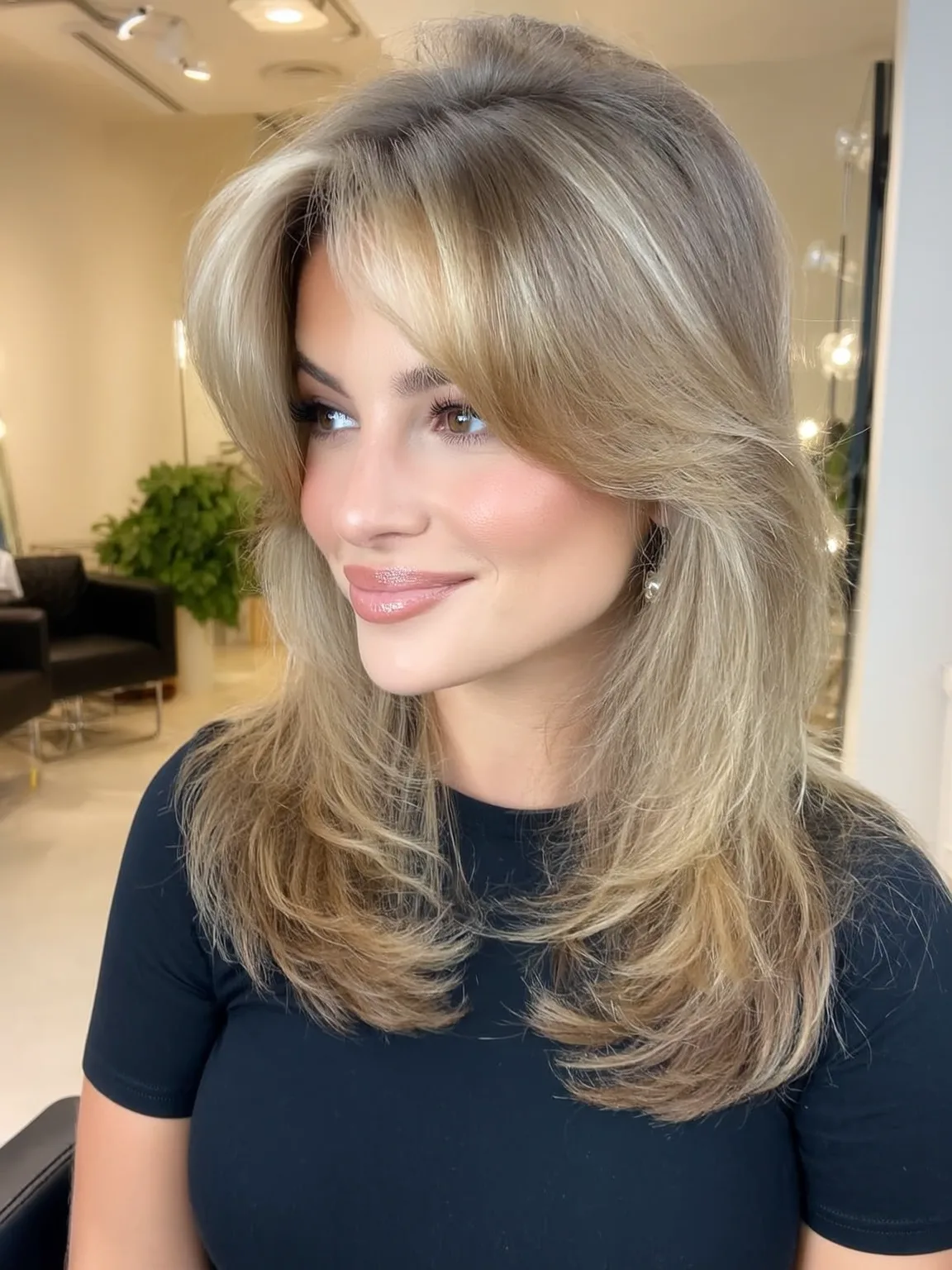 Long Straight Sandy Blonde Layers with Curtain Bangs
