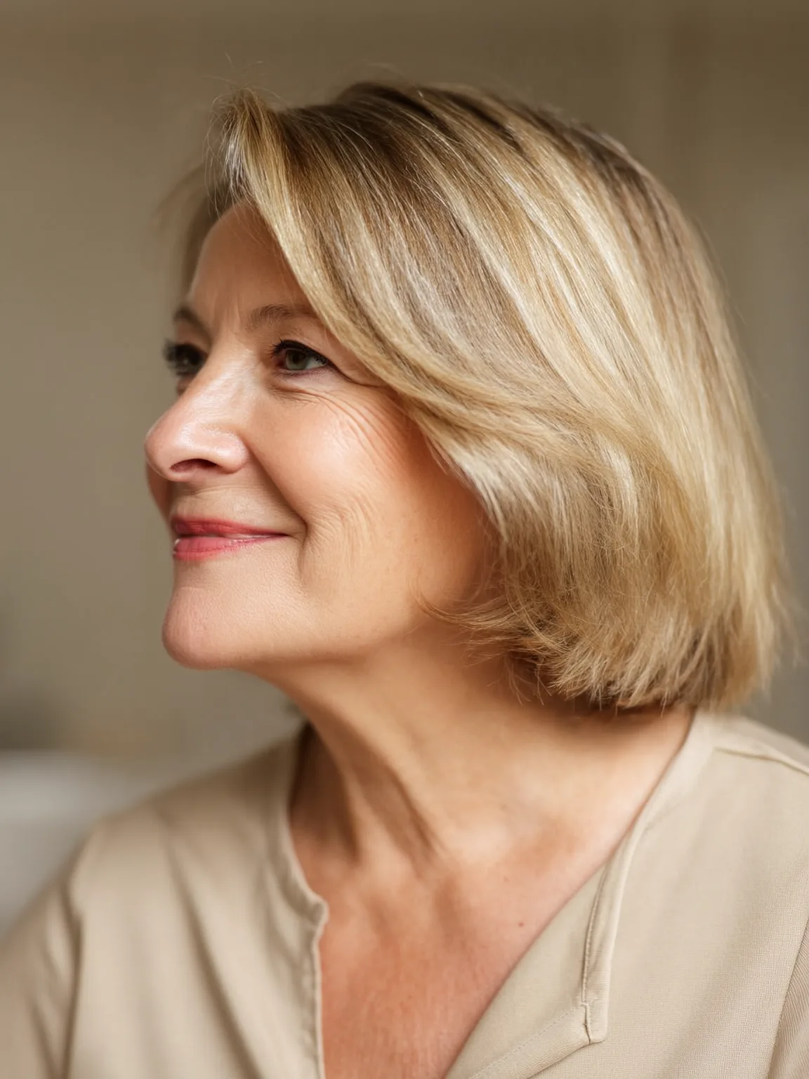 Soft Golden Blonde Chin-Length Bob with Side-Swept Bangs