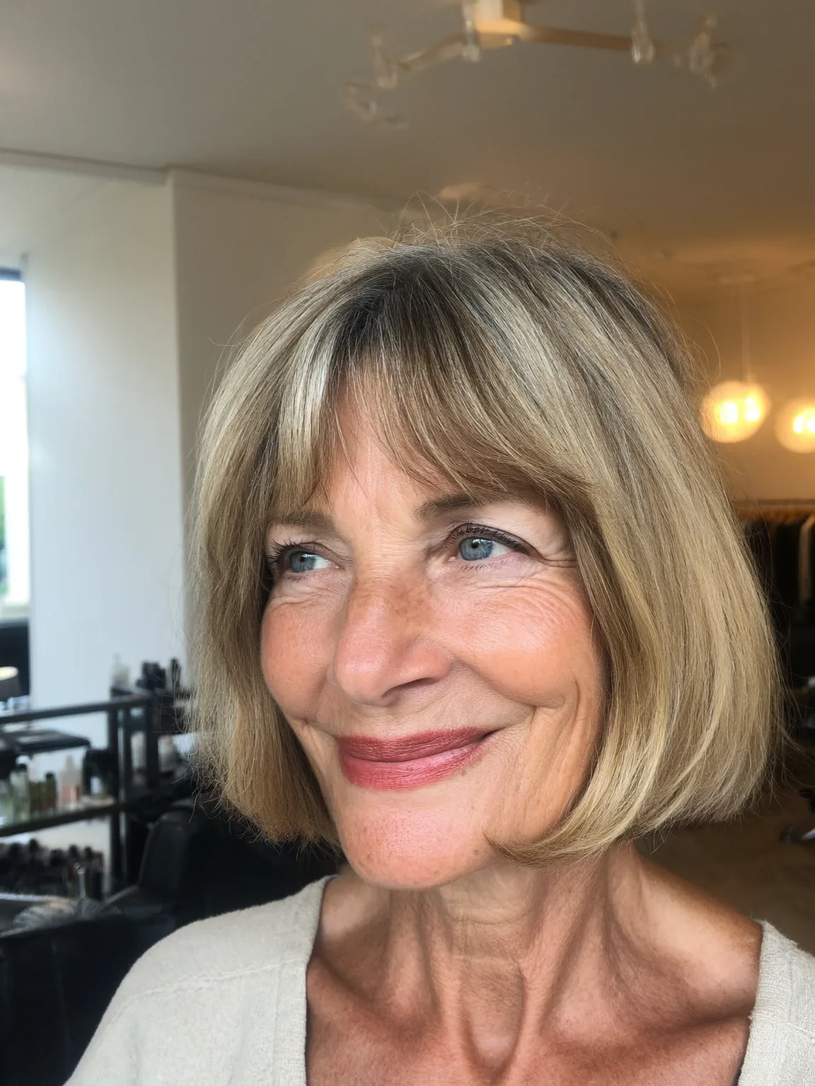 Air-Dried Straight Sandy Blonde Bob with Blunt Bangs