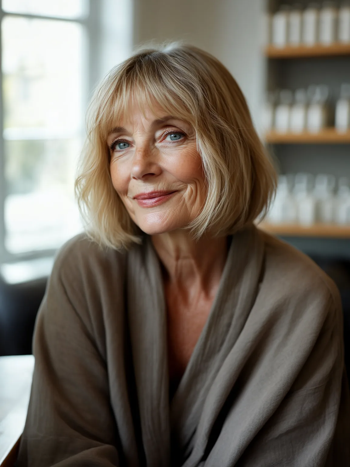 Chin-Length Straight Sandy Blonde Bob with Wispy Bangs