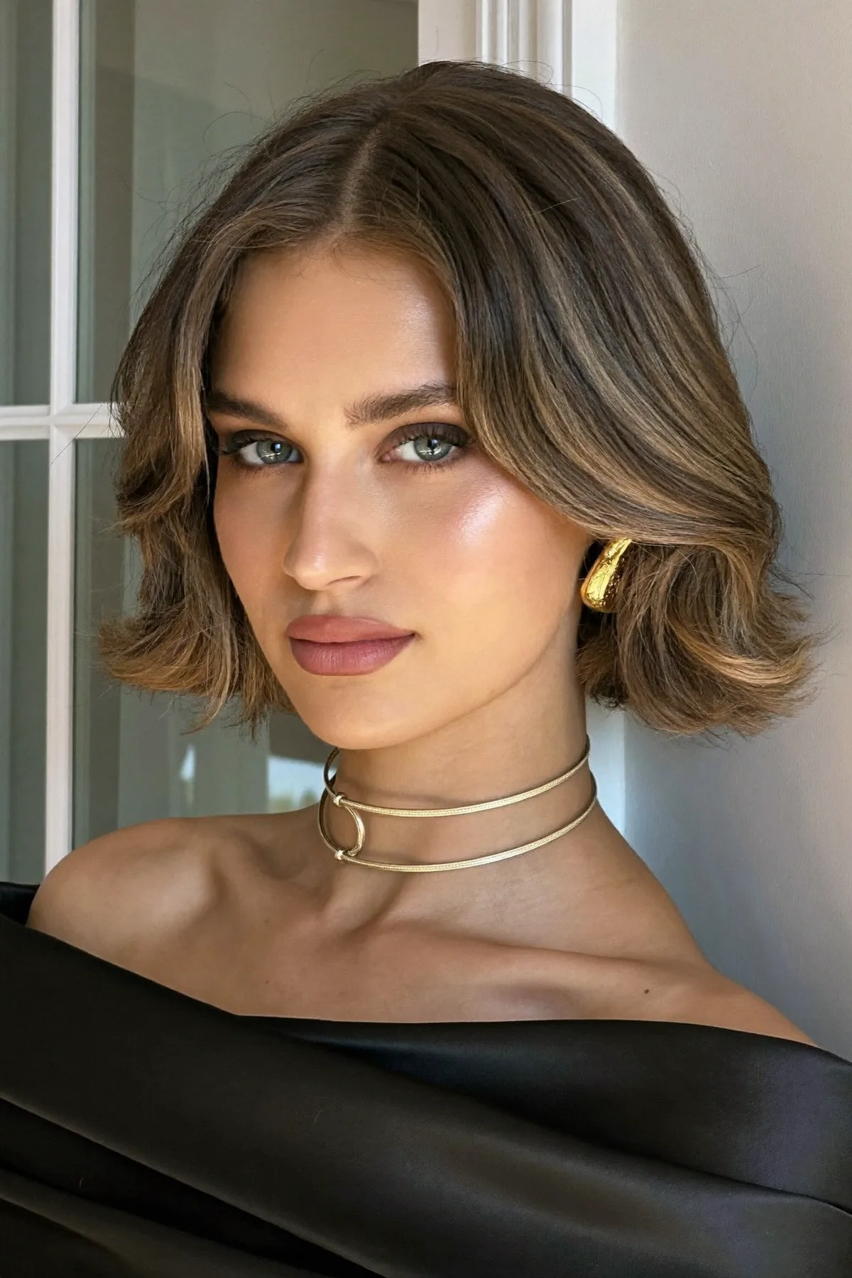 Chic Dark Blonde Chin-Length Bob with Sleek Curtain Bangs
