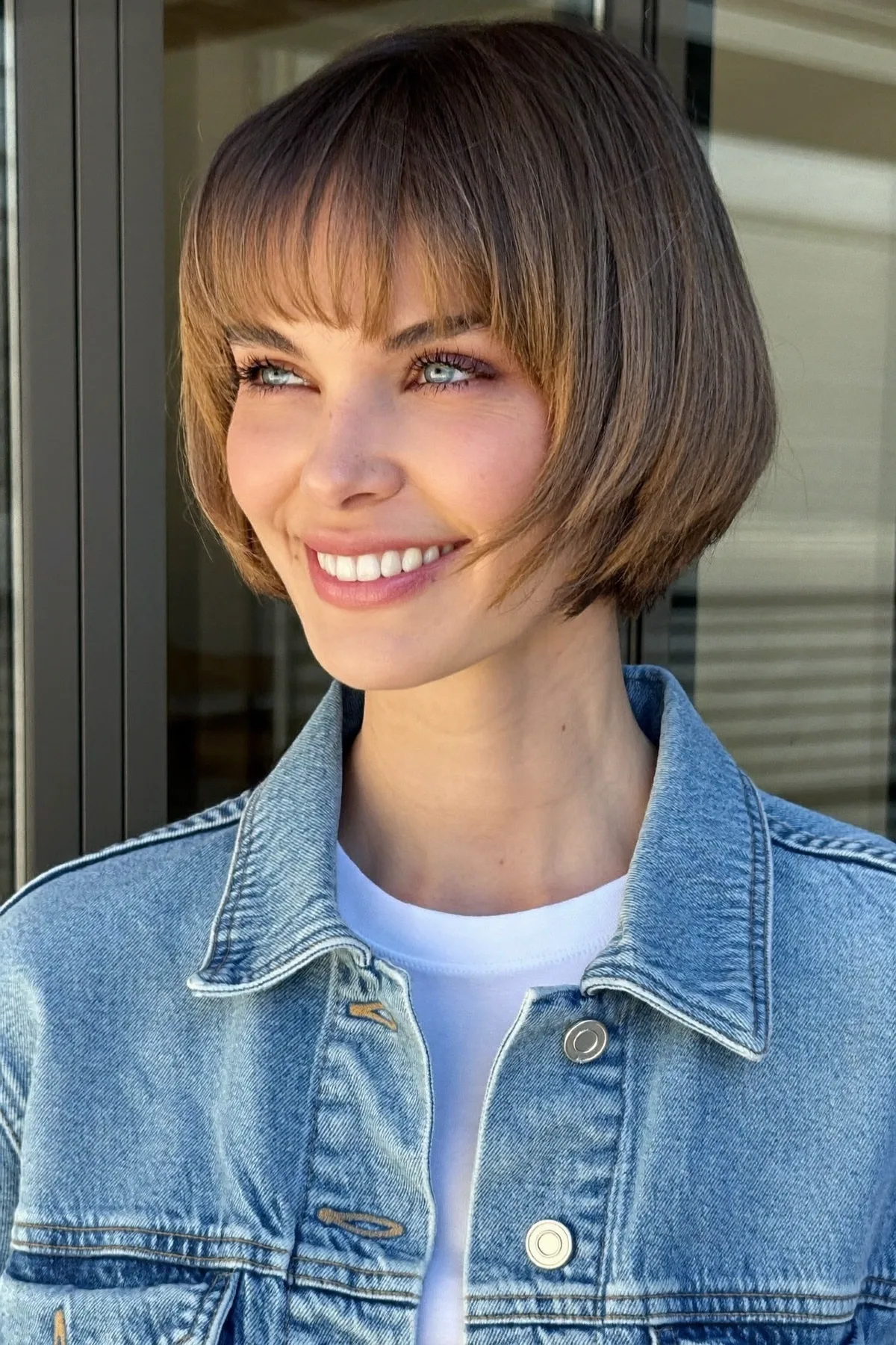 Chin-Length Sleek Straight Bob in Dark Blonde with Full Fringe Bangs