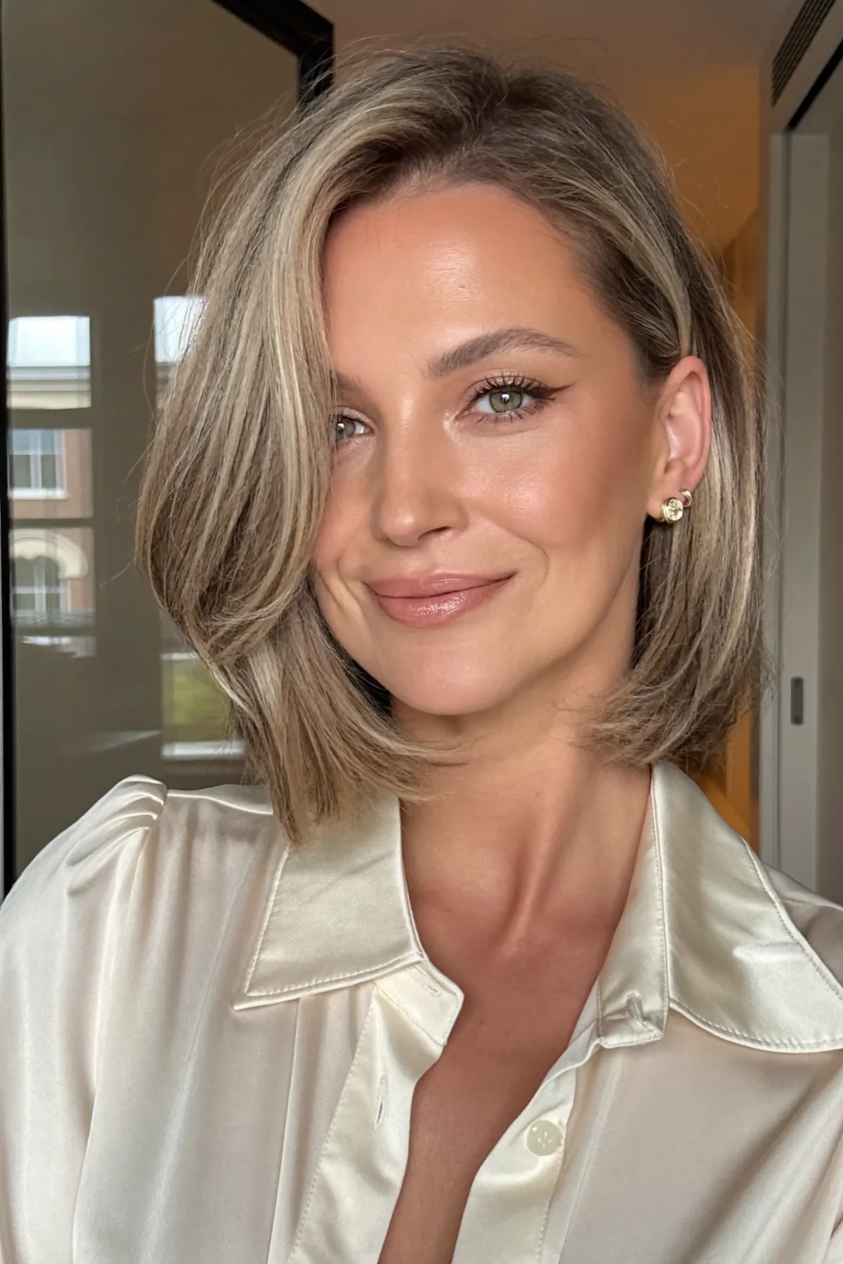 Chin-Length Sleek Straight Bob in Dark Blonde with Blended Balayage
