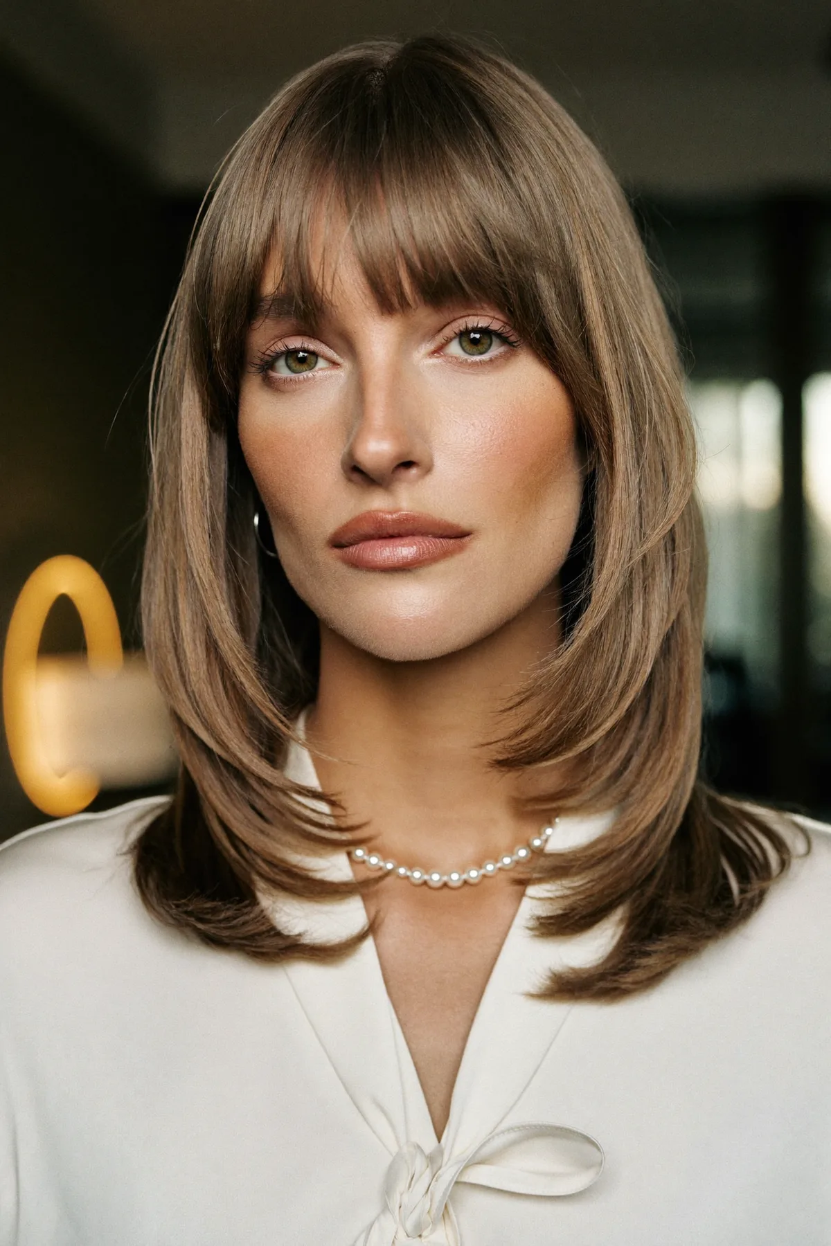 Sleek Straight Dark Blonde Collarbone-Length Lob with Full Fringe
