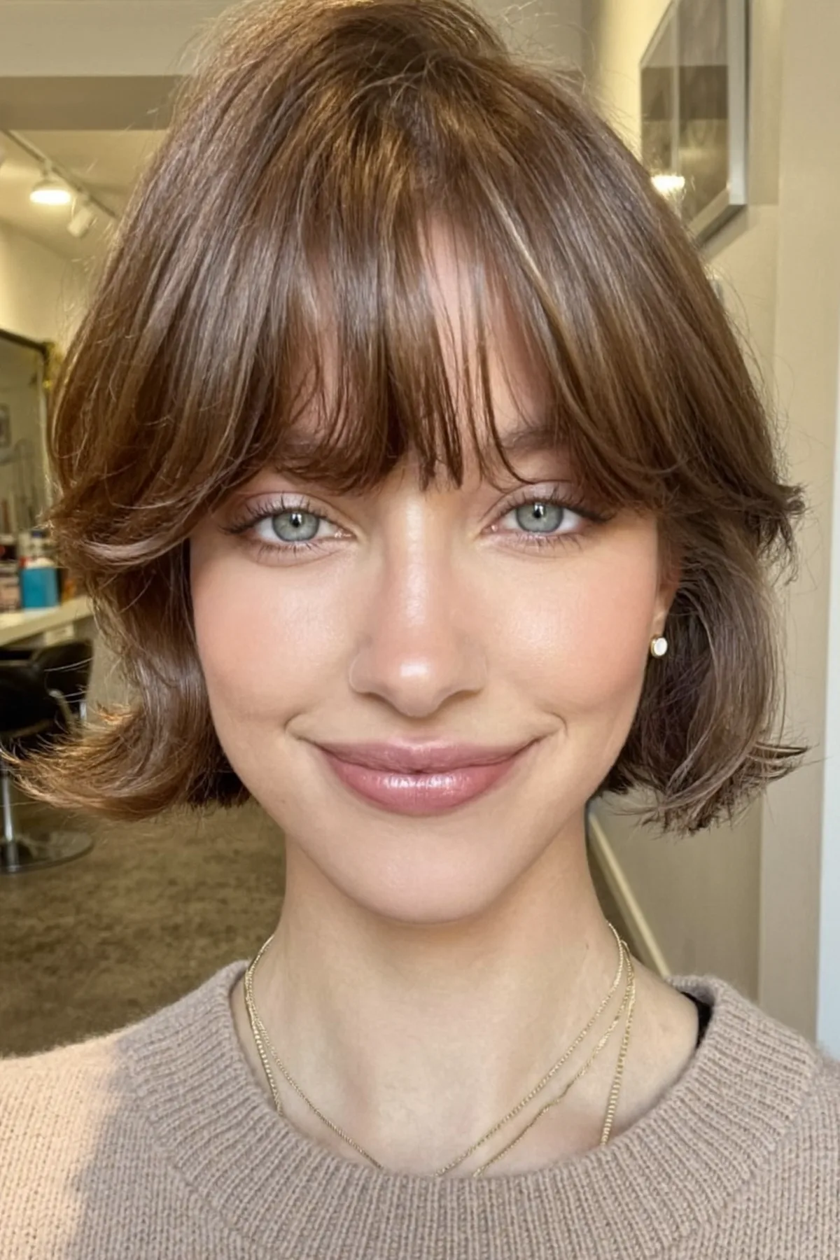 Chin-Length Wavy Bob With Curtain Bangs in Dark Blonde Solid Color