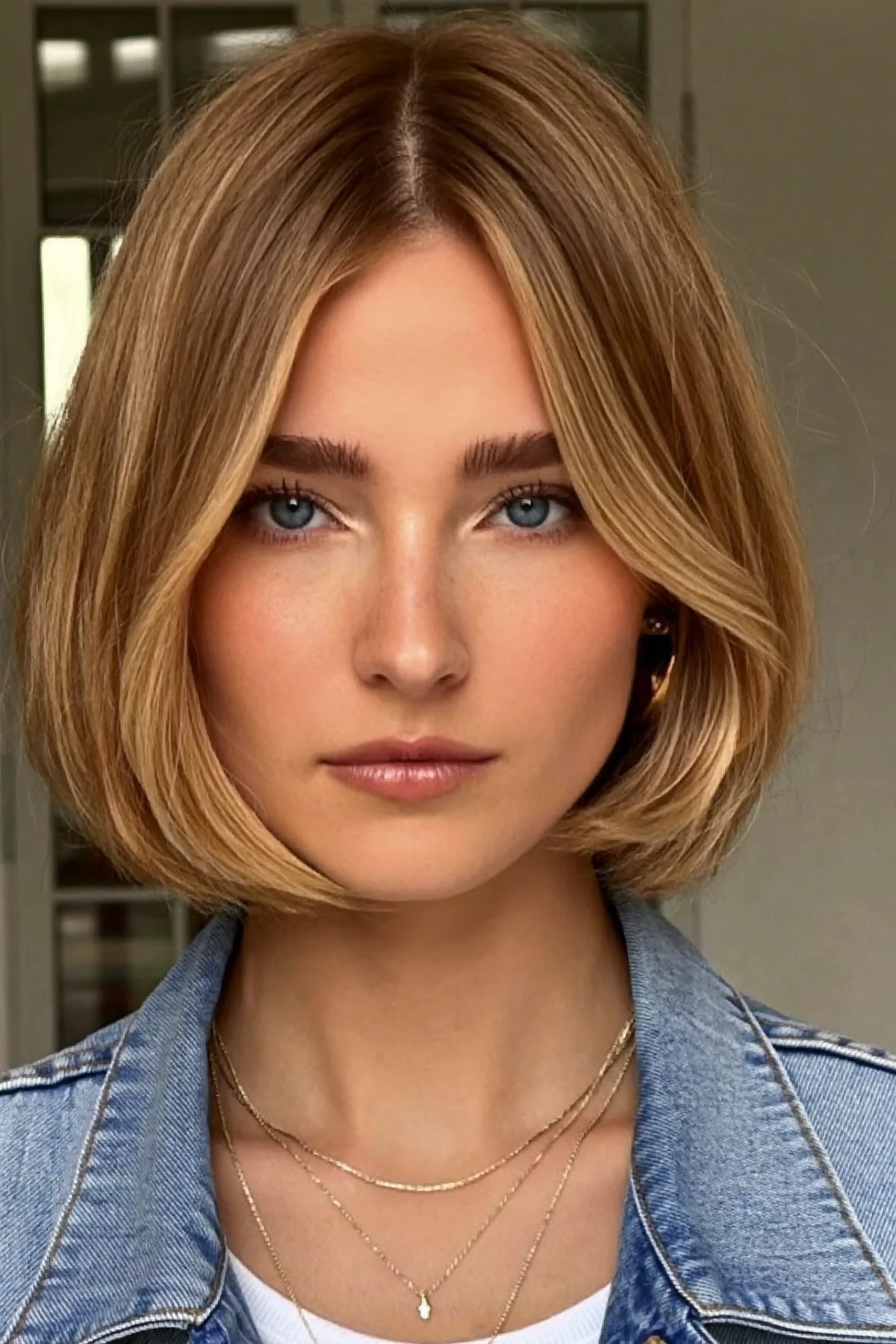 Chin-Length Dark Blonde Bob with Sleek Curtain Bangs Finish