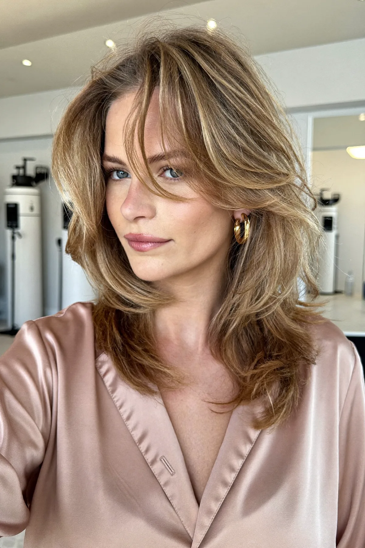 Dark Blonde Collarbone-Length Lob with Wavy Curtain Bangs