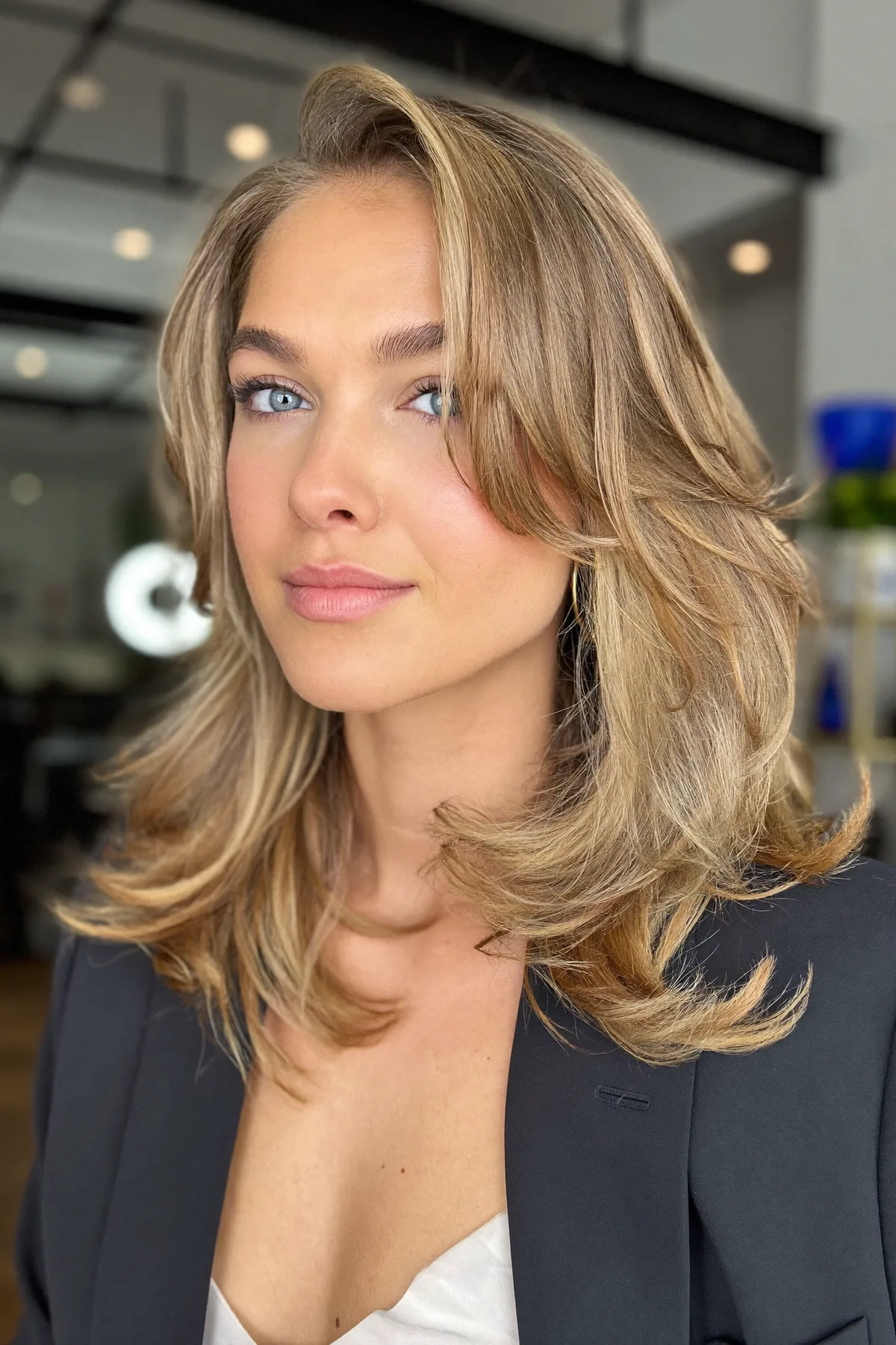 Wavy Dark Blonde Collarbone-Length Lob with Curtain Bangs