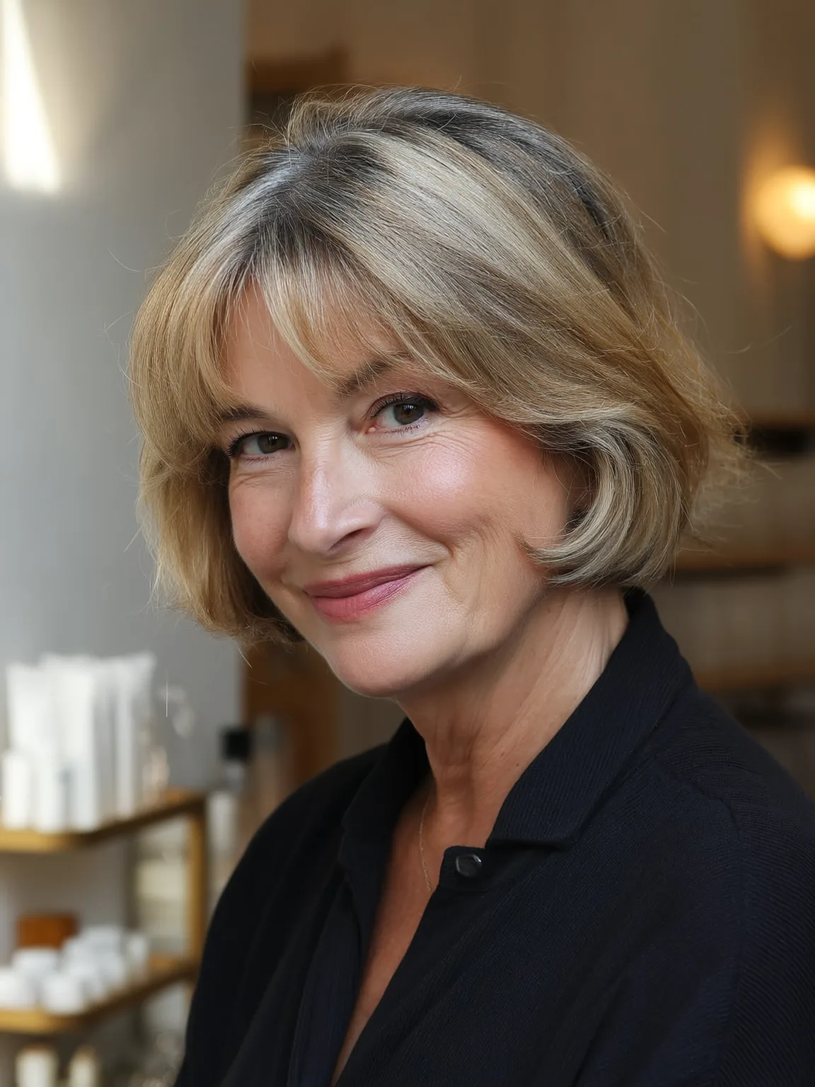 Chic Bob with Curtain Bangs in Sandy Blonde Lowlights
