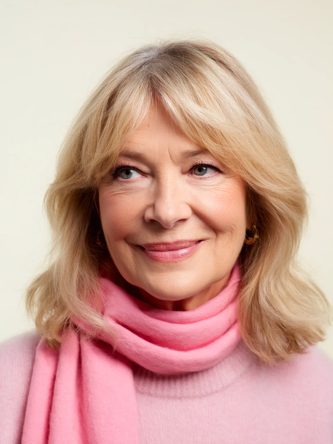Shoulder-Length Lob with Soft Curtain Bangs in Sandy Blonde