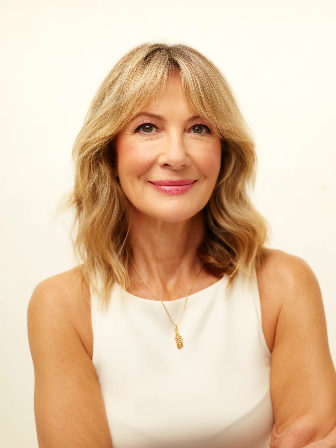 Wavy Lob with Sandy Blonde Balayage and Curtain Bangs